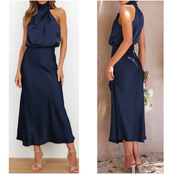 Luxe Sleeveless Satin Drape Neck Party Evening Midi Dress - Picture 5 of 7